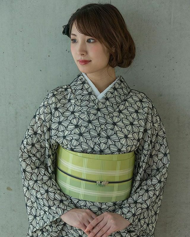 LUXE 博多織＞正絹リバーシブル半幅帯-大判格子・若草 | 着物や浴衣 