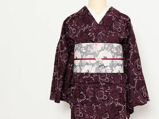 レンタル＞レース刺繍着物-葡萄-葡萄酒+リバーシブル半幅帯-退屈とうつくしい日々（2週間レンタル・買取可） | 着物や浴衣なら和モダン着物・帯を楽しむKIMONO  MODERN