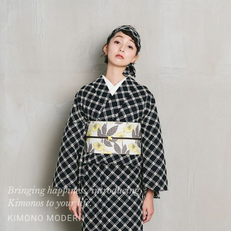 ＜レース刺繍キモノ＞弾む、楽しみ。レース刺繍キモノーフレンチ格子-NAVY