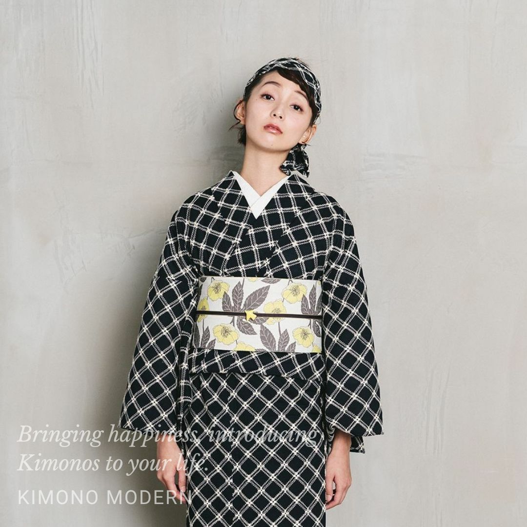 ＜レース刺繍キモノ＞弾む、楽しみ。レース刺繍キモノーフレンチ格子-NAVY