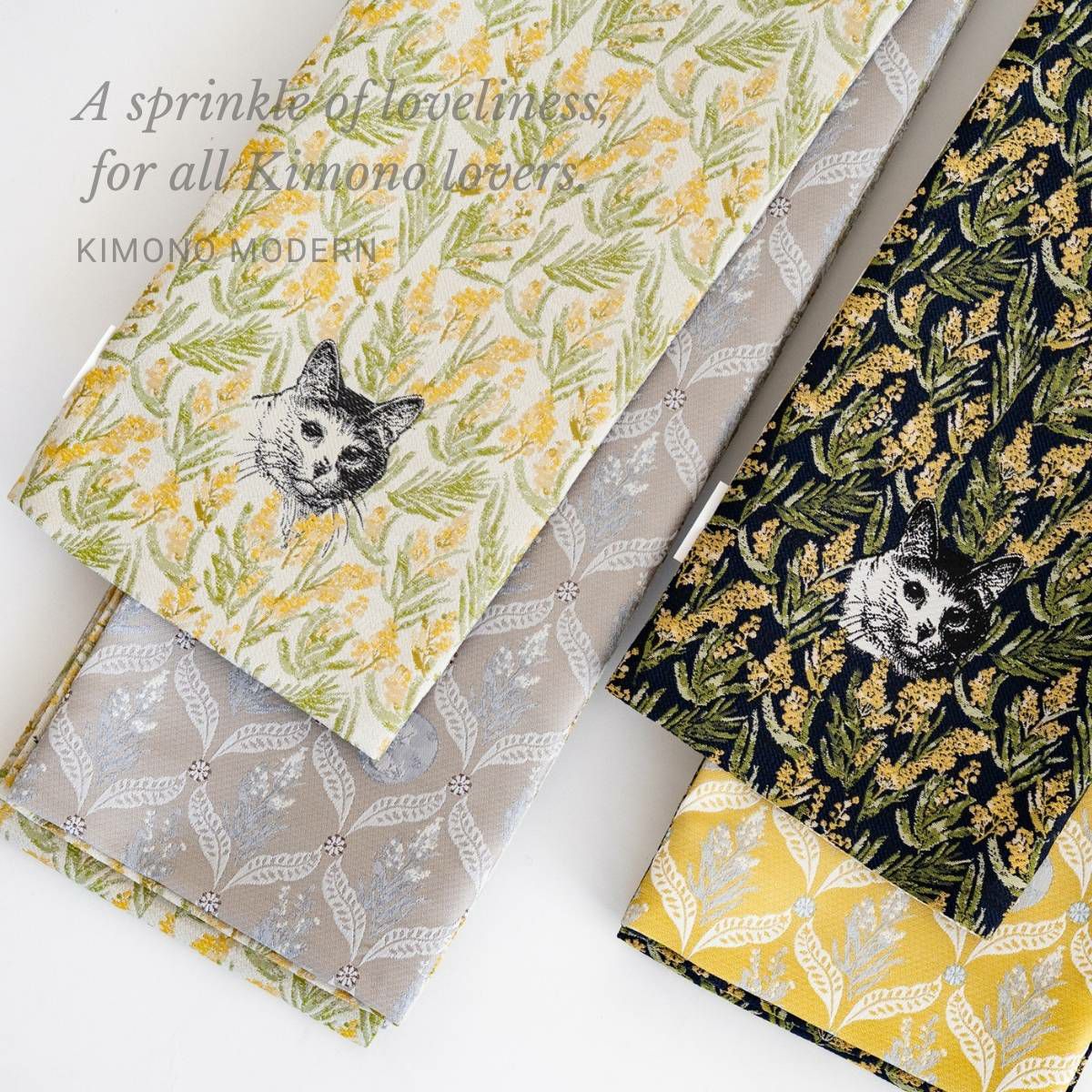 リバーシブル半幅帯＞黒猫ミモザ（2色・ポリエステル100%） | 着物や